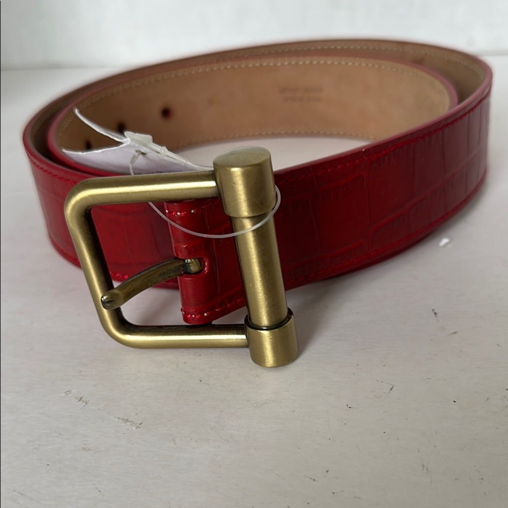 Women Red Leather Belt  Croco Stamped with Gold Buckle